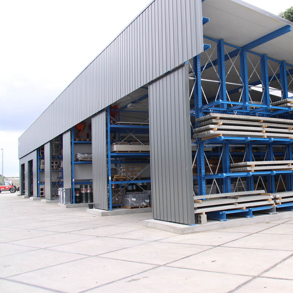 rack-clad warehouse for building material